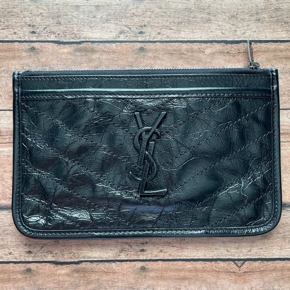 YSL Saint Laurent Niki Leather Zip Pouch, Black on Black